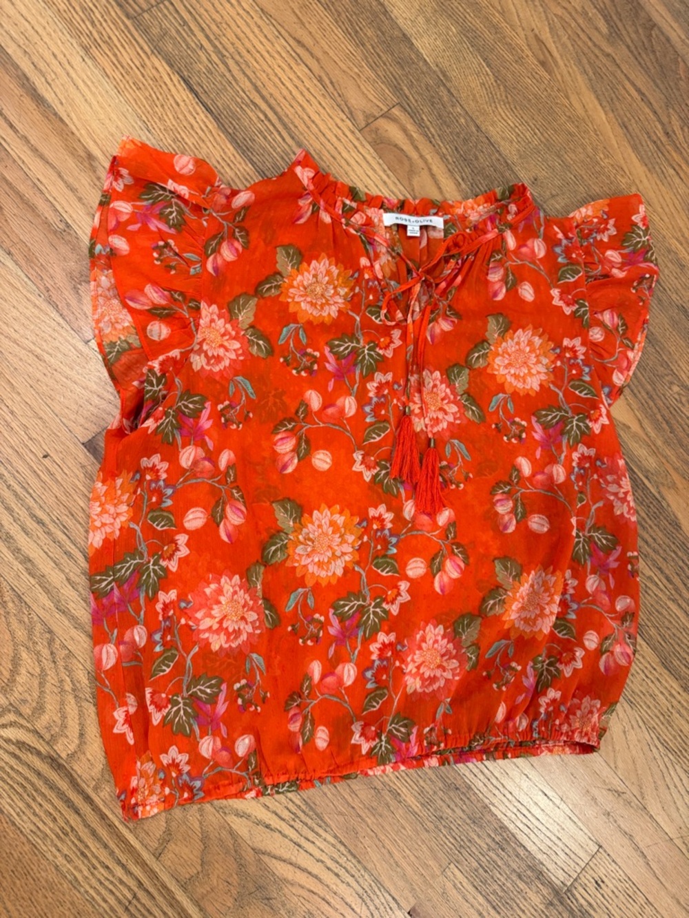 Rose & Olive Orange Floral Tie-Front Flutter Sleeve Blouse - Picture 4 of 9